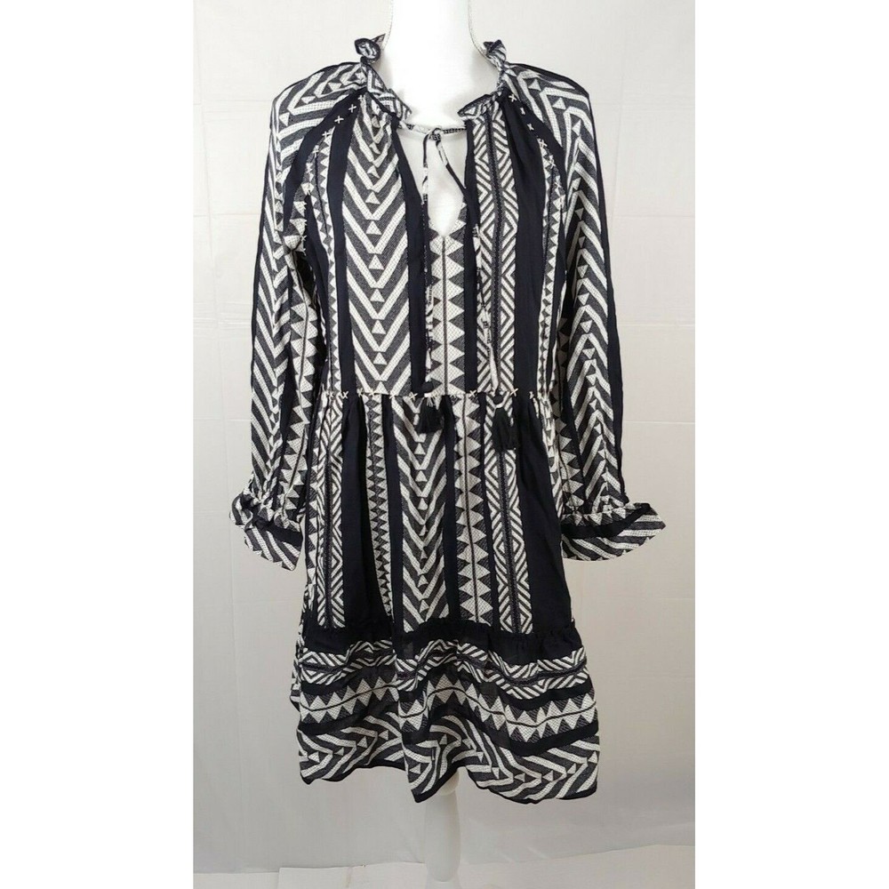 Anthropologie Maeve Tunic Dress Small Black White Tassels Boho Dominique Cotton